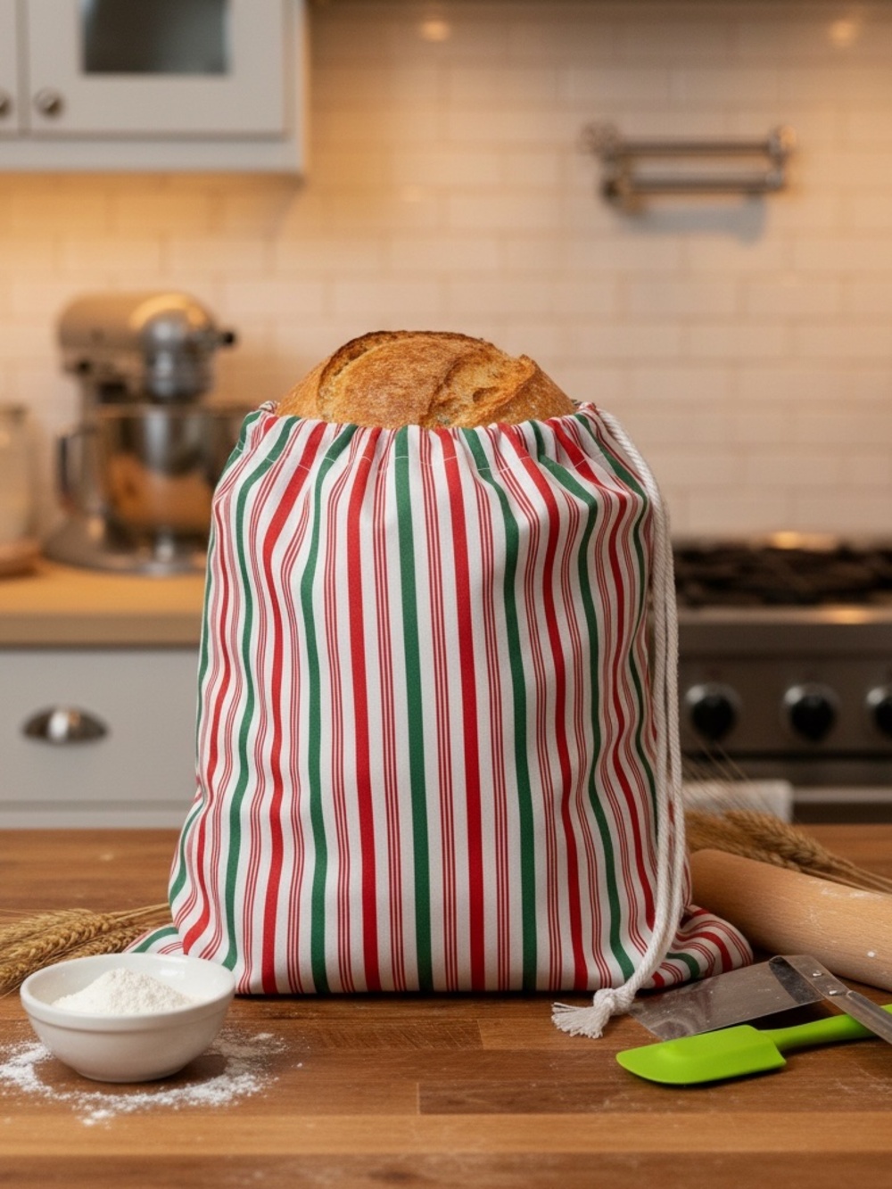 Christmas Bread Bag, Red Green White Pinstripe Cotton Bread Storage Bag
